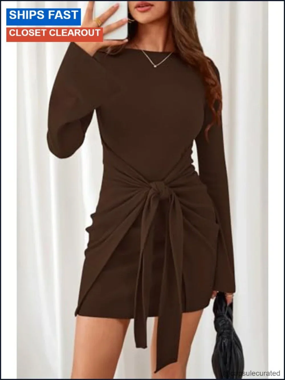 Women Long Sleeve Bell Sleeve Boat Neck Bodycon Mini Dress Tie Waist